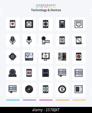 Creative Devices 25 Line FIlled icon pack  Such As ipod. devices. safe. phone. favorite Stock Vector