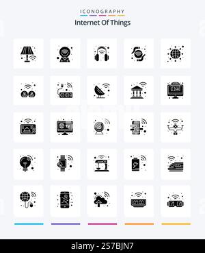 Creative Internet Of Things 25 Glyph Solid Black icon pack  Such As internet. wave wifi. headphones. protected. hands Stock Vector