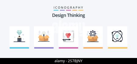Design Thinking Flat 5 Icon Pack Including cog. paper. bulb. pen. card. Creative Icons Design Stock Vector