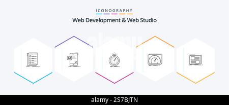 Web Development And Web Studio 25 Line icon pack including device. sport. mail. speed. fast Stock Vector
