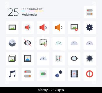 Multimedia 25 Flat Color icon pack including hide. disable. photo. speed. dash Stock Vector