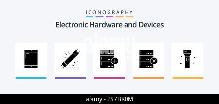 Devices Glyph 5 Icon Pack Including electronics. devices. add. data. database. Creative Icons Design Stock Vector