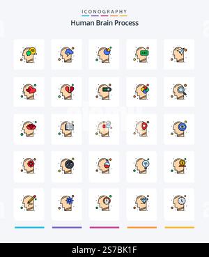 Creative Human Brain Process 25 Line FIlled icon pack  Such As knowledge. head. mind. education. head Stock Vector