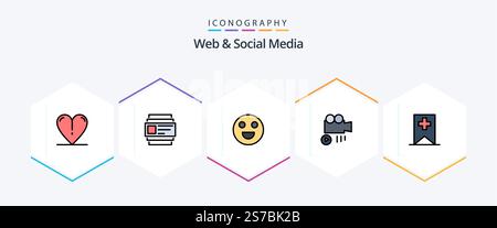 Web And Social Media 25 FilledLine icon pack including . . happy. media. tag Stock Vector