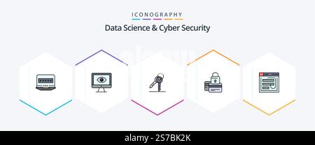 Data Science And Cyber Security 25 FilledLine icon pack including payment. card. video. banking. security Stock Vector