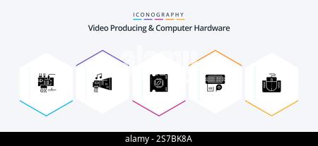 Video Producing And Computer Hardware 25 Glyph icon pack including input. connection. hardware. adapter. processor Stock Vector
