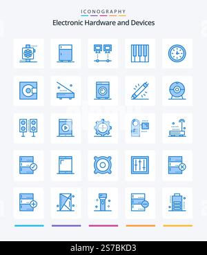 Creative Devices 25 Blue icon pack  Such As piano. keyboard. freeze. audio. net Stock Vector