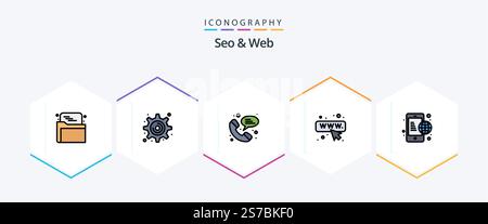 Seo and Web 25 FilledLine icon pack including . global. phone. communication. webpage Stock Vector