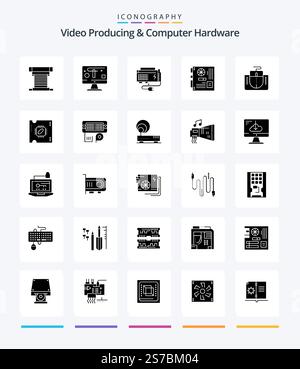Creative Video Producing And Computer Hardware 25 Glyph Solid Black icon pack  Such As mother. main. graphics. computer. power Stock Vector