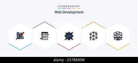 Web Development 25 FilledLine icon pack including development. server. programming. data. globe Stock Vector