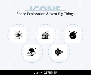 Space Exploration And Next Big Things Glyph Icon Pack 5 Icon Design. laboratory. construction. ship. space. flight Stock Vector