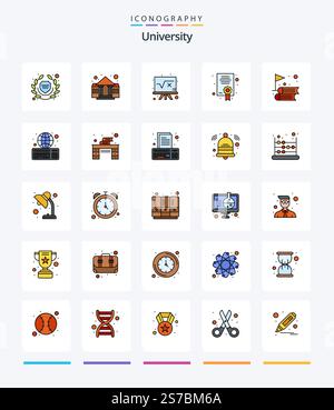 Creative University 25 Line FIlled icon pack  Such As education. . math. education. certificate Stock Vector