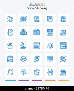 Creative School And Learning 25 Blue icon pack  Such As book. education. education. mobile. notebook Stock Vector
