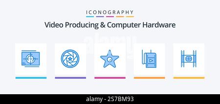 Video Producing And Computer Hardware Blue 5 Icon Pack Including money. costs. movie. budget. studio. Creative Icons Design Stock Vector