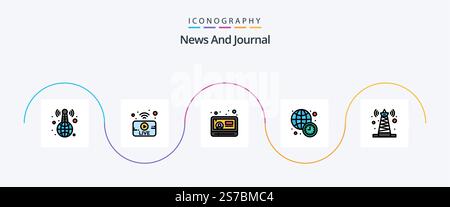 News Line Filled Flat 5 Icon Pack Including technology. world news. news. time. clock Stock Vector
