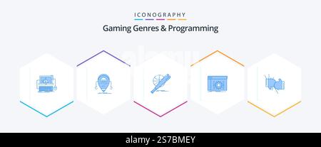 Gaming Genres And Programming 25 Blue icon pack including coding. api. robot. fun. ball Stock Vector