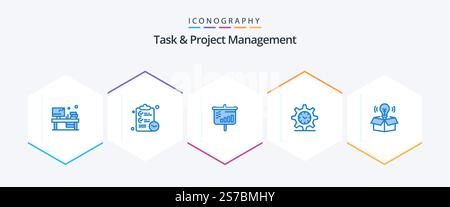 Task And Project Management 25 Blue icon pack including idea. box. bar. watch. setting Stock Vector