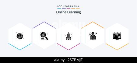 Online Learning 25 Glyph icon pack including monitor. light bulb. search. light. book Stock Vector