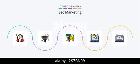 Seo Marketing Line Filled Flat 5 Icon Pack Including video. media. marketing. analytics. report Stock Vector
