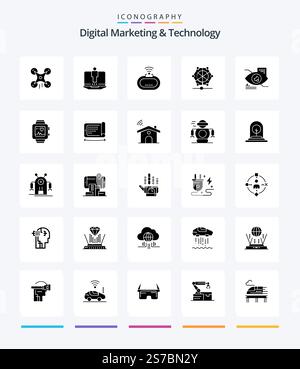 Creative Digital Marketing And Technology 25 Glyph Solid Black icon pack  Such As tap. data. device. language. machine Stock Vector