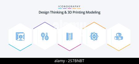 Design Thinking And D Printing Modeling 25 Blue icon pack including delivrey. design. pen. forming. d Stock Vector