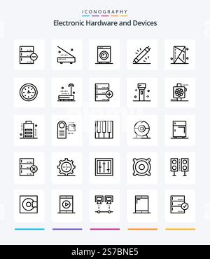 Creative Devices 25 OutLine icon pack  Such As speedometer. device. equipment. shield. games Stock Vector