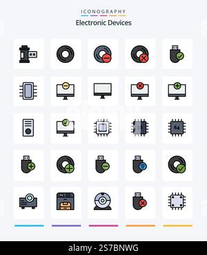 Creative Devices 25 Line FIlled icon pack  Such As gadget. computers. hardware. board. hardware Stock Vector