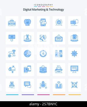 Creative Digital Marketing And Technology 25 Blue icon pack  Such As marketing. digital. promotoin. returning visiter. returning Stock Vector