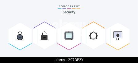 Security 25 FilledLine icon pack including virus. alert. security. open. gold Stock Vector