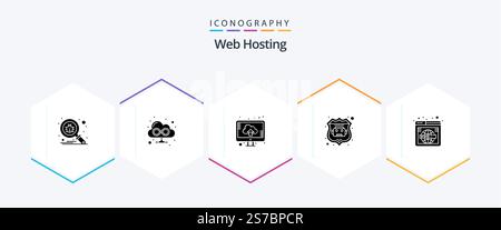 Web Hosting 25 Glyph icon pack including wide. search. computer. page. robot database Stock Vector