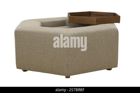 Grey fabric stools ottoman couch with wooden legs + clipping path. The ottoman is isolated on a White background. Stock Photo