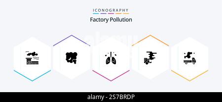Factory Pollution 25 Glyph icon pack including automobile. gas. cancer. emission. automobile Stock Vector