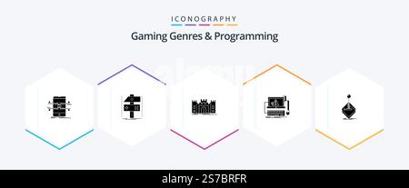 Gaming Genres And Programming 25 Glyph icon pack including error. computer. developer. landmark. fort Stock Vector