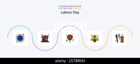 Labour Day Line Filled Flat 5 Icon Pack Including labour. hard. home. cap. hook Stock Vector