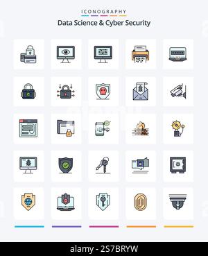 Creative Data Science And Cyber Security 25 Line FIlled icon pack  Such As problem. encryption. privacy. ddos. cryptography Stock Vector