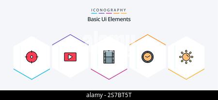 Basic Ui Elements 25 FilledLine icon pack including sun. brightness. video. clock. time Stock Vector