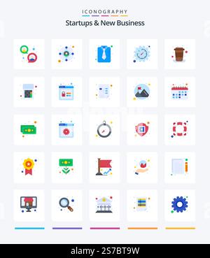 Creative Startups And New Business 25 Flat icon pack  Such As coffee. management. business. gear. time Stock Vector