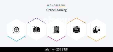 Online Learning 25 Glyph icon pack including lab test. online. assignment. laptop. book Stock Vector