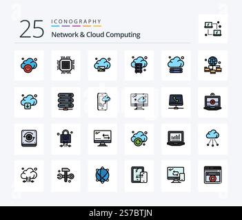 Network And Cloud Computing 25 Line Filled icon pack including connection. technology. cloud. storage. cloud Stock Vector