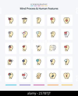 Creative Mind Process And Human Features 25 Line FIlled icon pack  Such As mind. human. confuse. head. brain Stock Vector