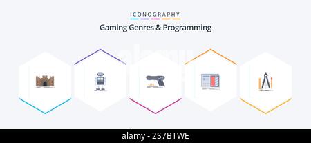 Gaming Genres And Programming 25 Flat icon pack including drawing. blueprint. robotic. weapon. pistol Stock Vector