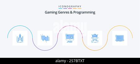 Gaming Genres And Programming Blue 5 Icon Pack Including viking. battle. fight. progress. function Stock Vector