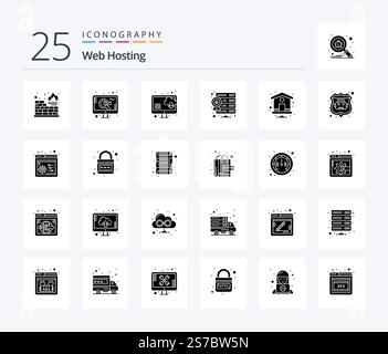 Web Hosting 25 Solid Glyph icon pack including . home page. computer. home. star Stock Vector