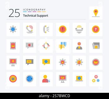Technical Support 25 Flat Color icon pack including device. question. answer. note. about Stock Vector