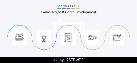 Game Design And Game Development Line 5 Icon Pack Including game. disc. prize. script. developer Stock Vector
