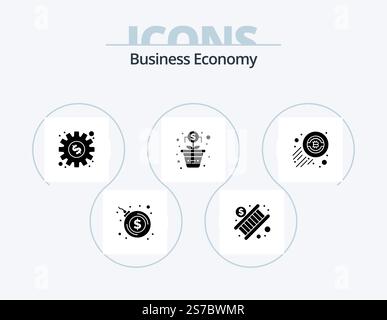Economy Glyph Icon Pack 5 Icon Design. economy. money. gear. bitcoin. money Stock Vector