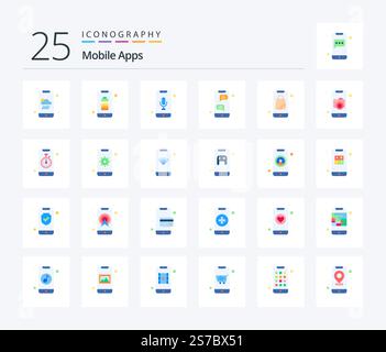 Mobile Apps 25 Flat Color icon pack including shopping. bag. audio recognition. instant messenger. bubble Stock Vector