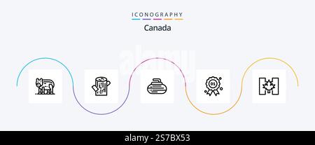 Canada Line 5 Icon Pack Including canada. flag. curling. canada. badge Stock Vector