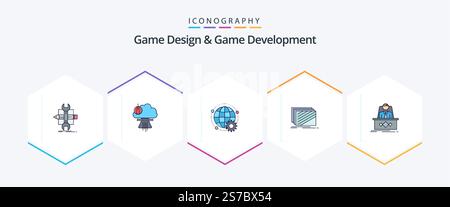 Game Design And Game Development 25 FilledLine icon pack including layout. design. special. multiplayer. world Stock Vector
