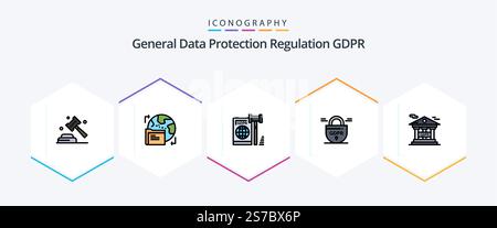 Gdpr 25 FilledLine icon pack including secure. gdpr. data. data. law Stock Vector